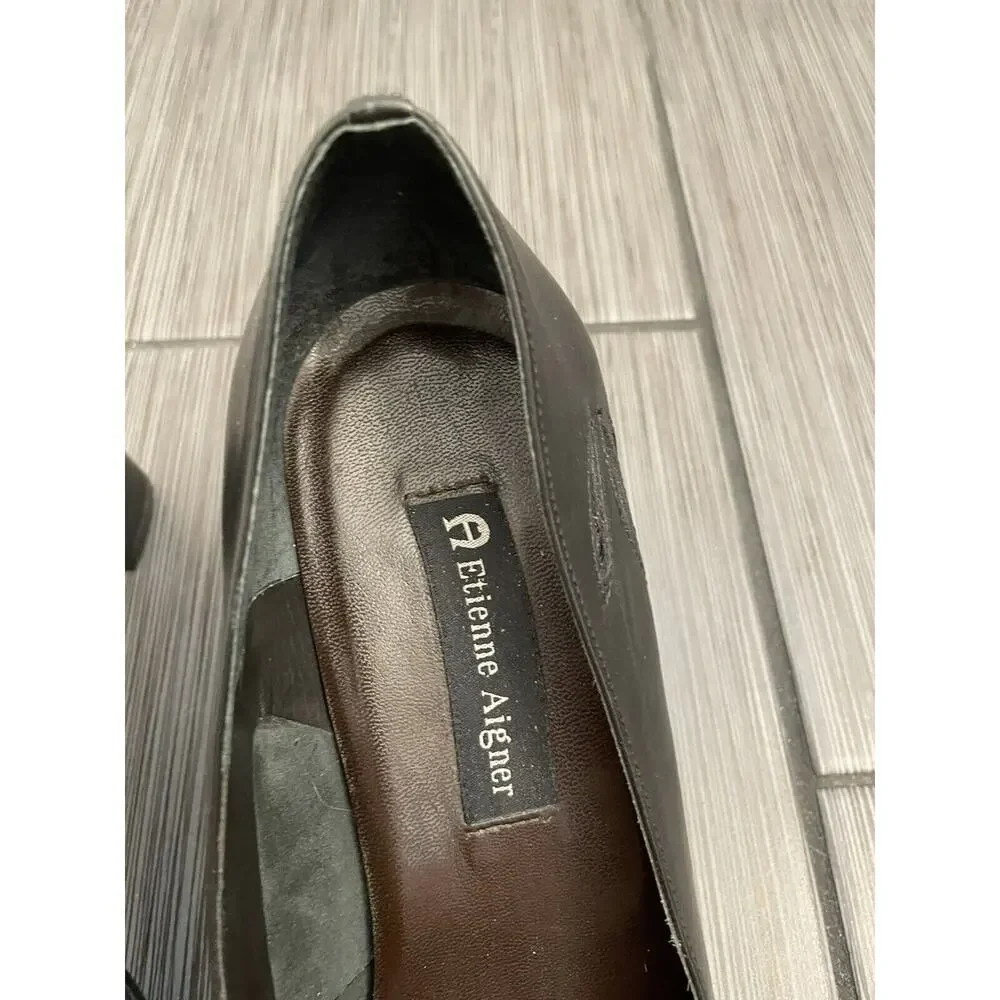 Etienne Aigner Ville Vintage Black Leather Pumps Cutout Design Block Heel 10M - Picture 5 of 16
